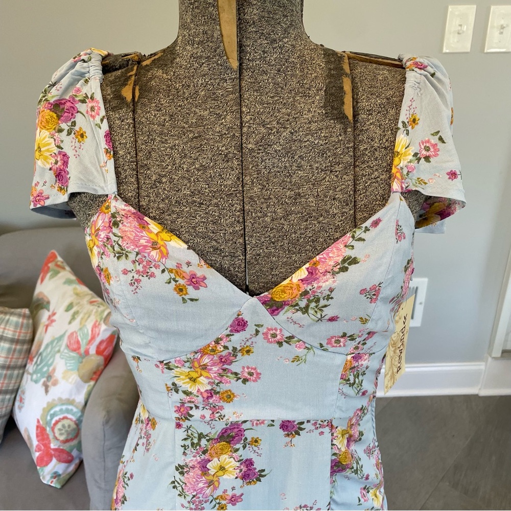 XS. S blue, pink and yellow floral print bohemian backless highlow dress - Picture 2 of 10